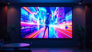 A photograph of capture a photograph of a vibrant indoor led display screen in a commercial setting