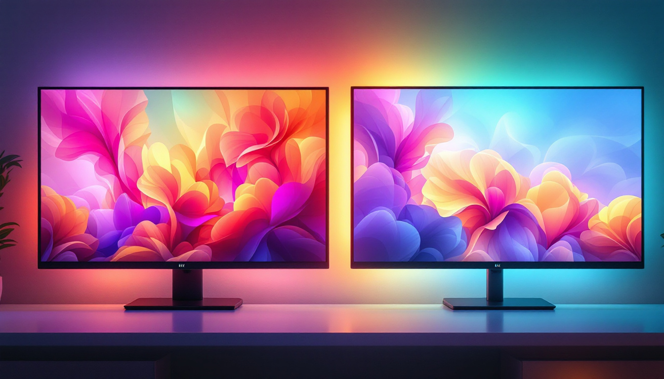 A photograph of a side-by-side comparison of a vibrant led display and a traditional lcd screen