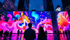 A photograph of a vibrant led display in an urban setting