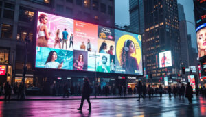 A photograph of a vibrant led billboard displaying dynamic advertisements in an urban setting