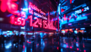 A photograph of a vibrant led ticker display board in a dynamic setting