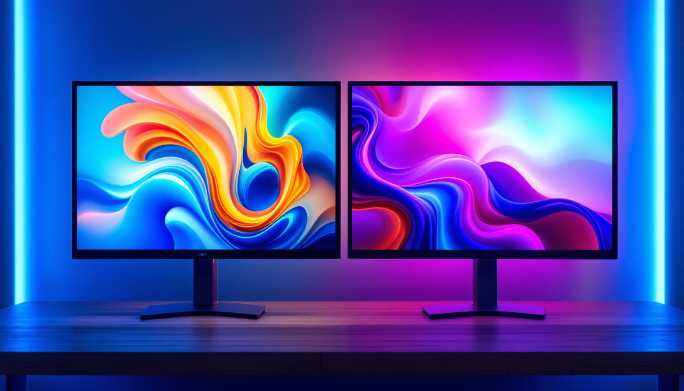 A photograph of a side-by-side comparison of an lcd and an led display