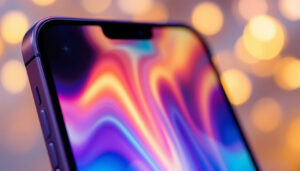 A photograph of a close-up shot of a smartphone screen displaying vibrant colors and brightness settings