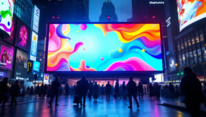 A photograph of a vibrant led billboard in a bustling urban environment