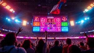 A photograph of a vibrant led sports scoreboard in action during a live game