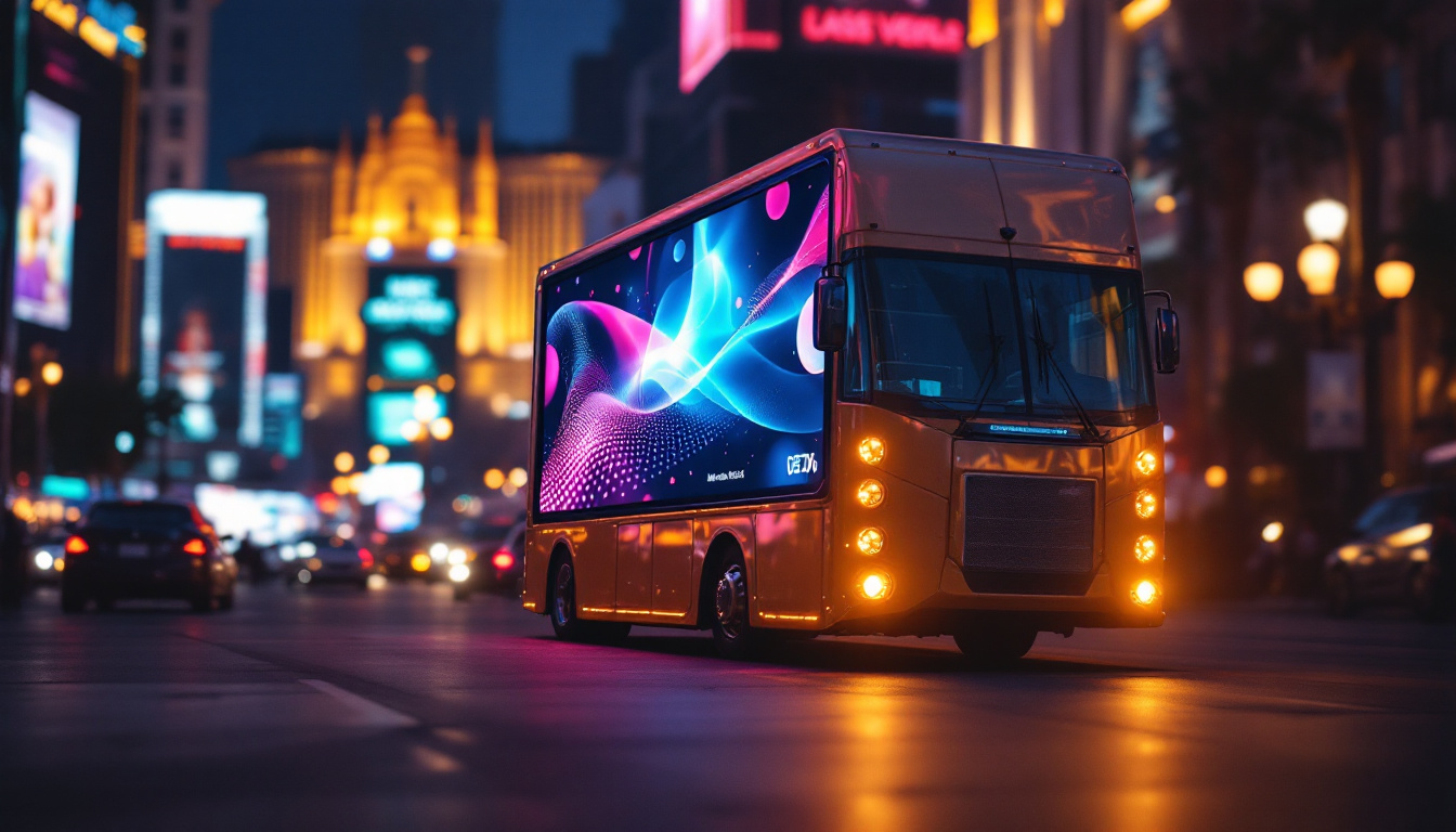 A photograph of capture a photograph of a vibrant mobile billboard featuring a dynamic led display in a bustling las vegas setting