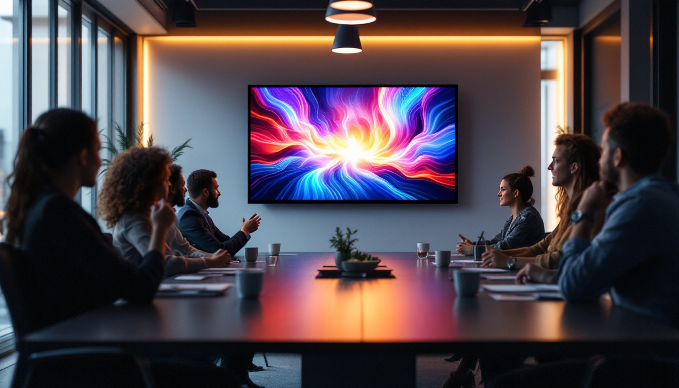 A photograph of a modern conference room featuring a sleek led display screen in use
