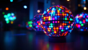 A photograph of a vibrant led sphere display in a dimly lit environment