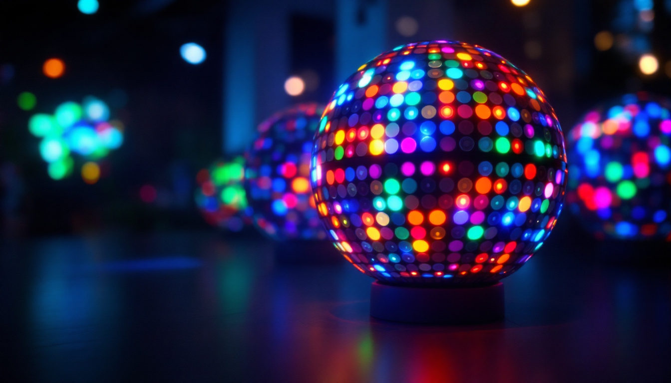 A photograph of a vibrant led sphere display in a dimly lit environment