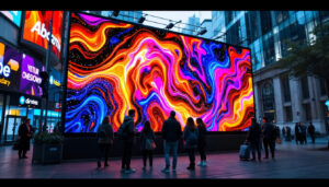 A photograph of a vibrant led display in an urban setting