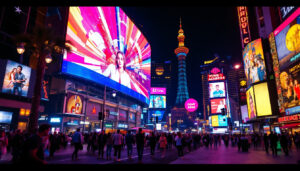 A photograph of capture a photograph of a vibrant las vegas street scene featuring a large led display