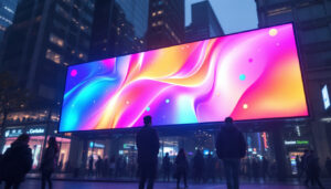 A photograph of a vibrant led digital banner in a bustling urban setting