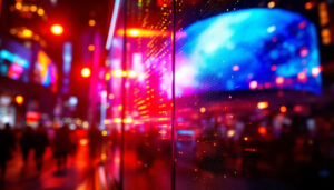 A photograph of a vibrant led display in a bustling urban environment at night