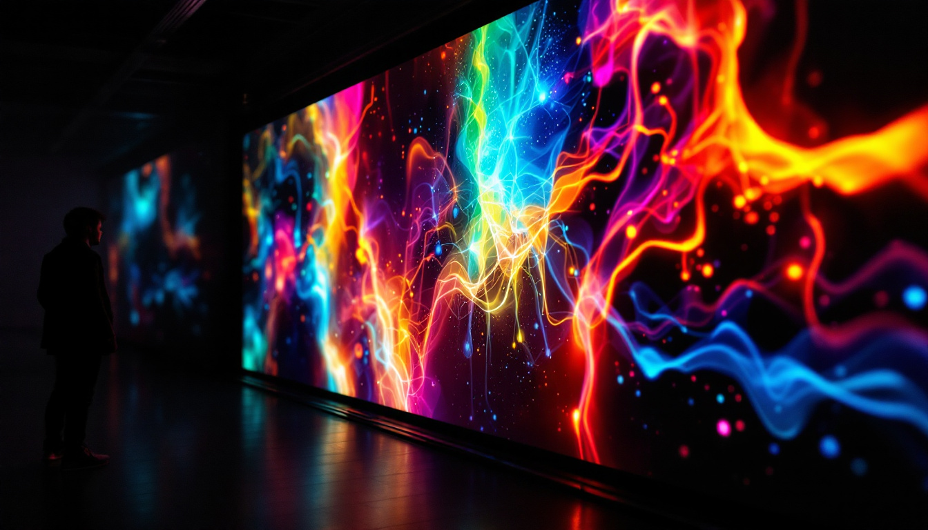 A photograph of a vibrant led display in a darkened environment