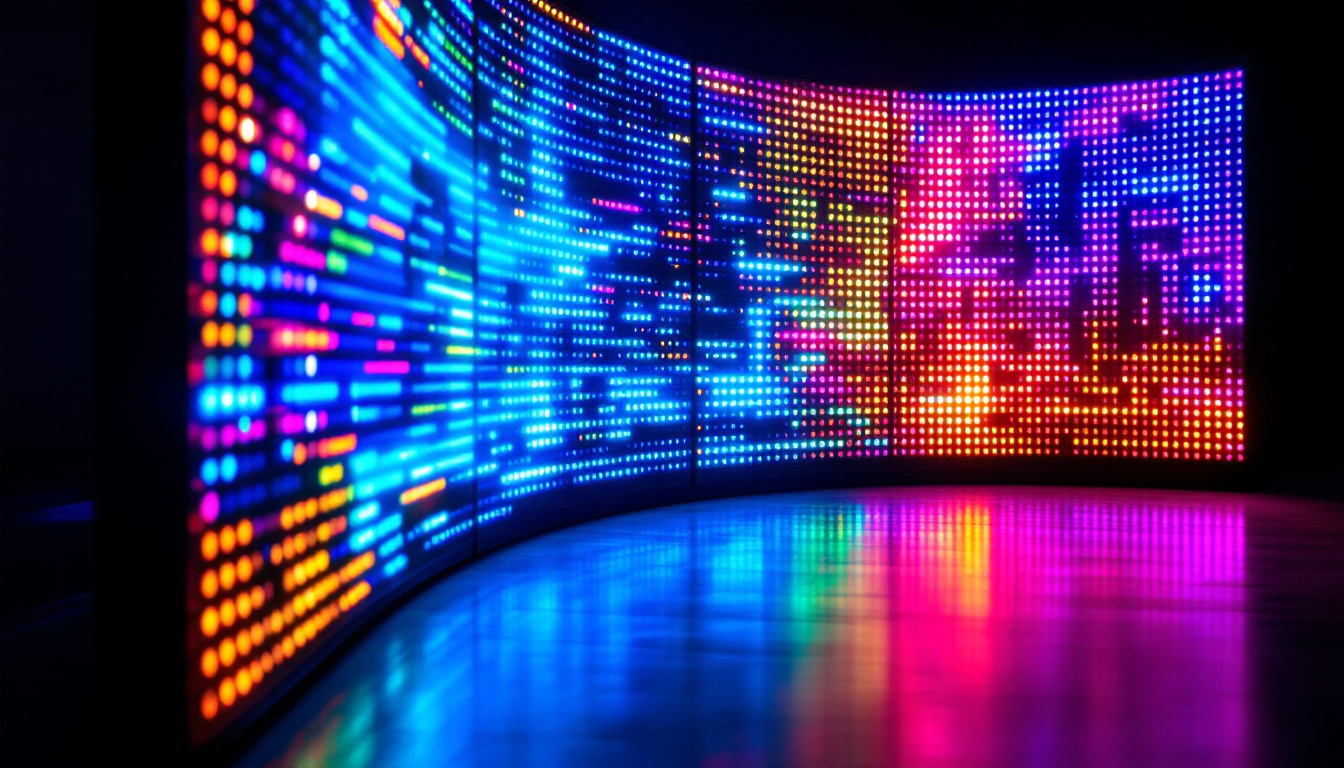 A photograph of a vibrant led display showcasing a variety of colors and brightness levels