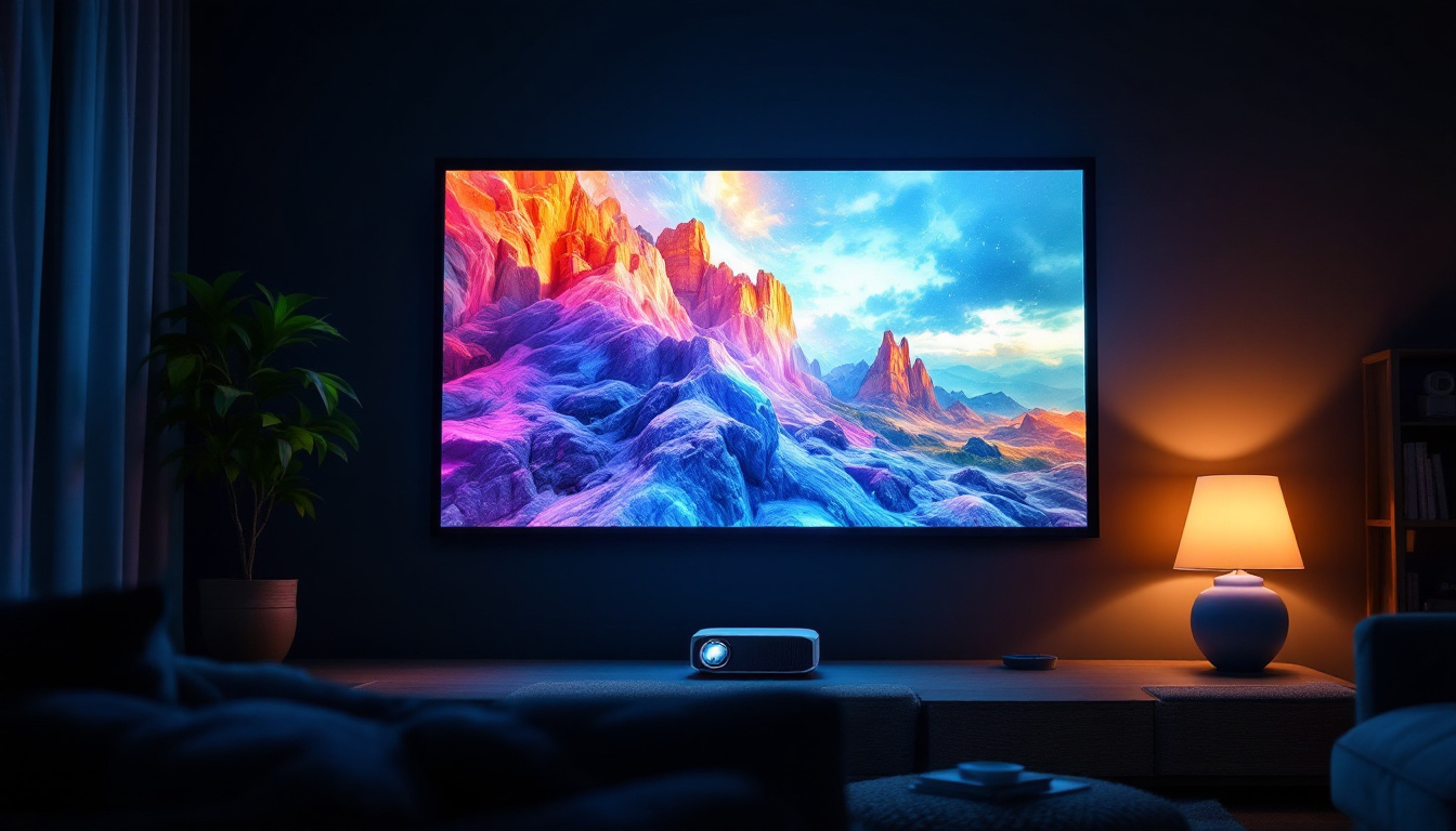 A photograph of a high-quality led projector in a dimly lit room