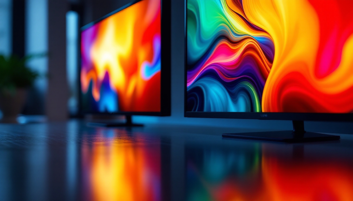 A photograph of a side-by-side comparison of an lcd and an led display showcasing vibrant colors and clarity
