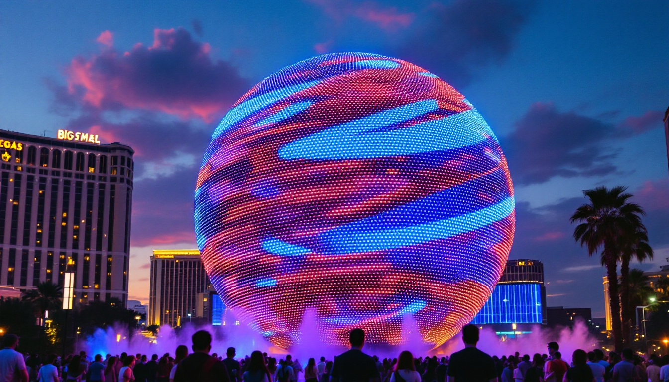 A photograph of capture a photograph of the vegas big sphere at dusk