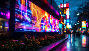 A photograph of a vibrant led display in an urban setting