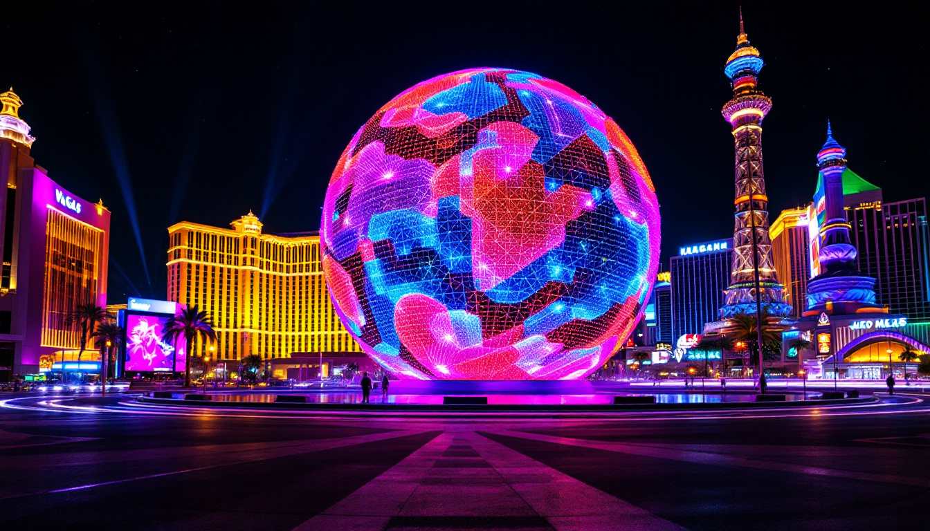 A photograph of the vegas sphere illuminated at night