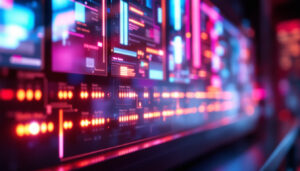 A photograph of a vibrant led display showcasing dynamic visuals inspired by the mandalorian universe