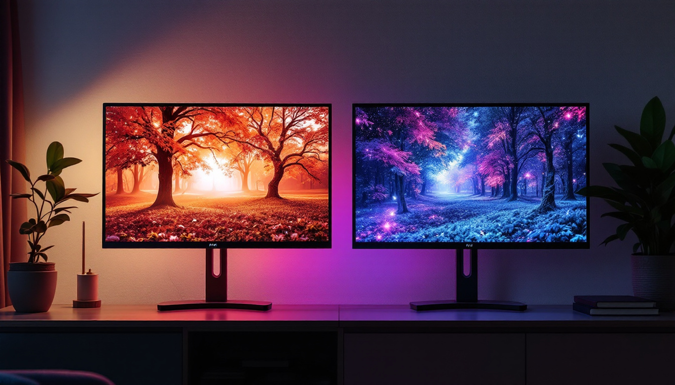 A photograph of a side-by-side comparison of an led display and an lcd screen