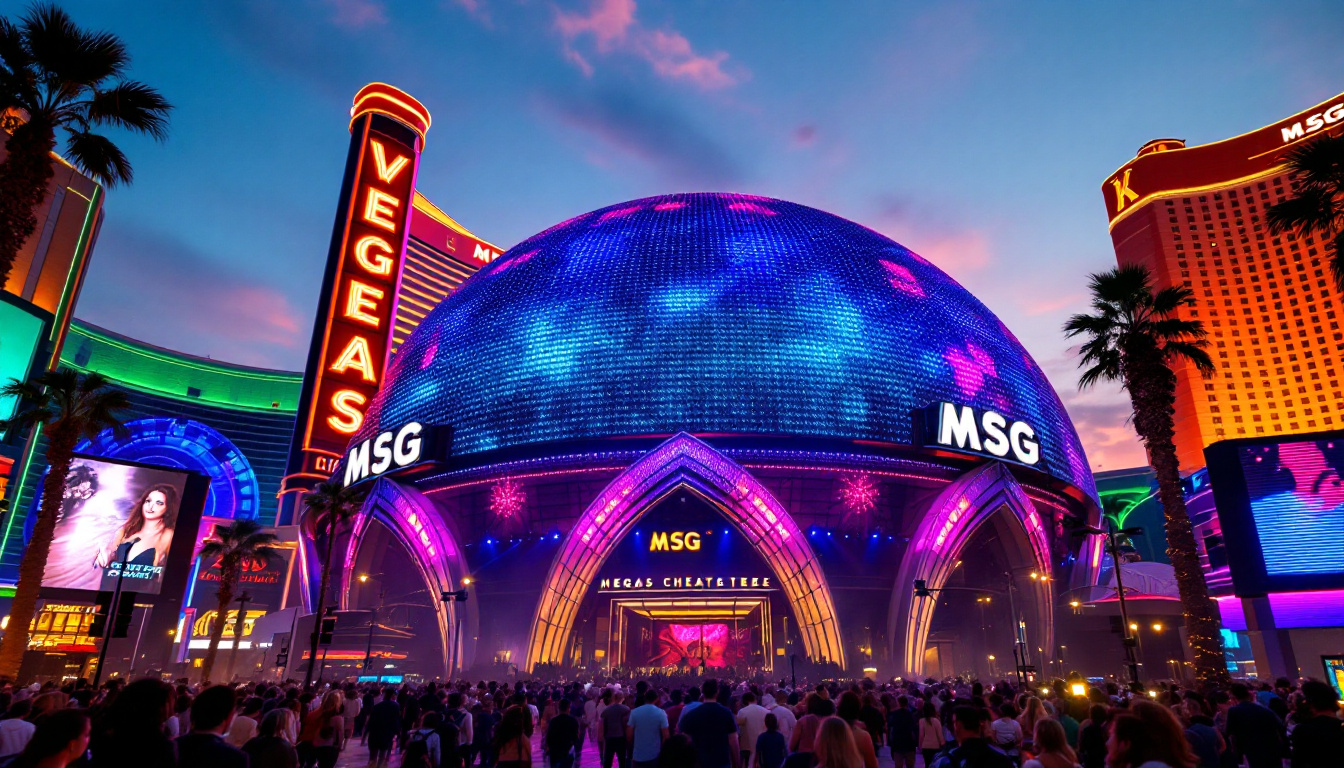 A photograph of the vibrant exterior of the vegas msg dome theater during twilight