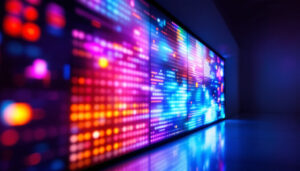 A photograph of a vibrant led display in a dimly lit environment