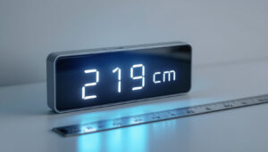 A photograph of a sleek led display showcasing a measurement conversion from 219 cm to inches