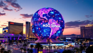 A photograph of capture a photograph of the msg sphere in las vegas at dusk