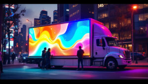 A photograph of capture a photograph of a vibrant mobile led billboard truck in action