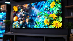 A photograph of capture a photograph of a vibrant led display in action at the big screen store in ellicott city