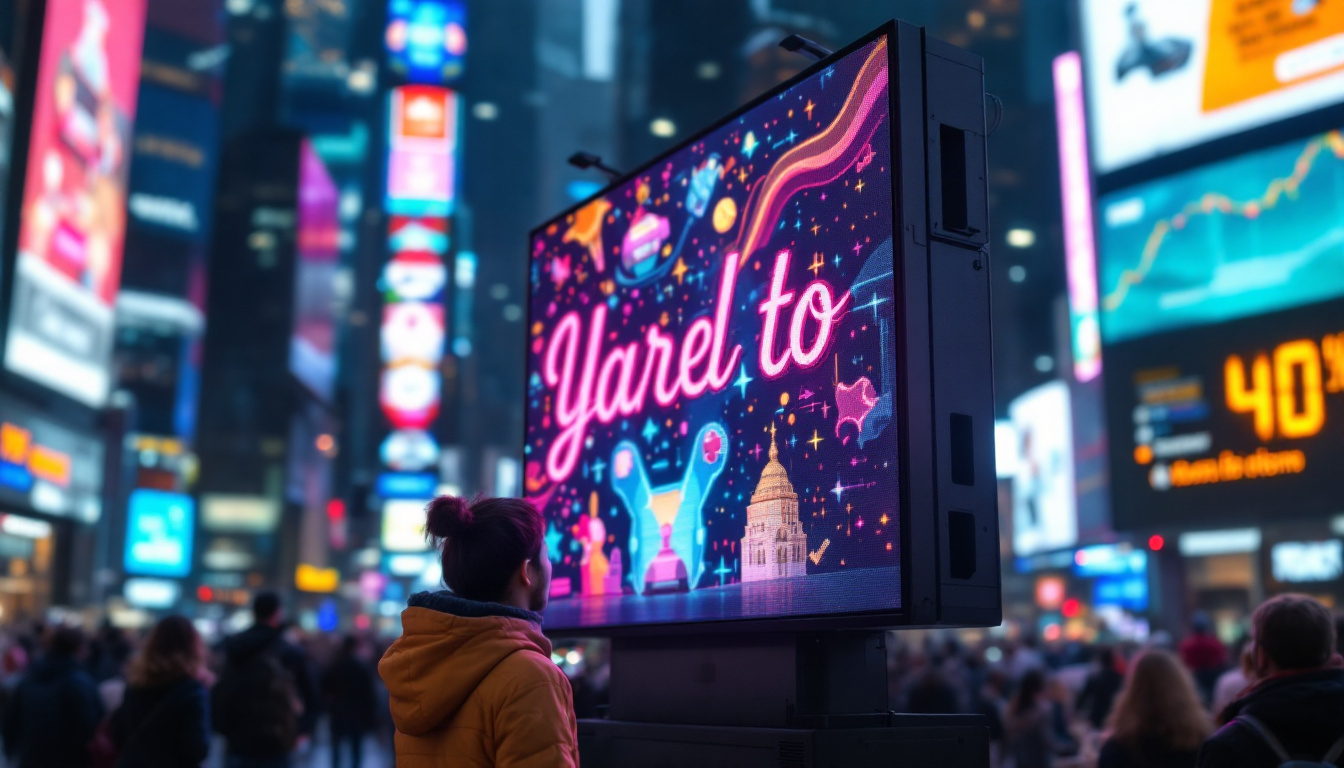 A photograph of a vibrant led display in a bustling urban environment