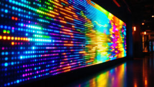 A photograph of a vibrant led display in a dimly lit environment