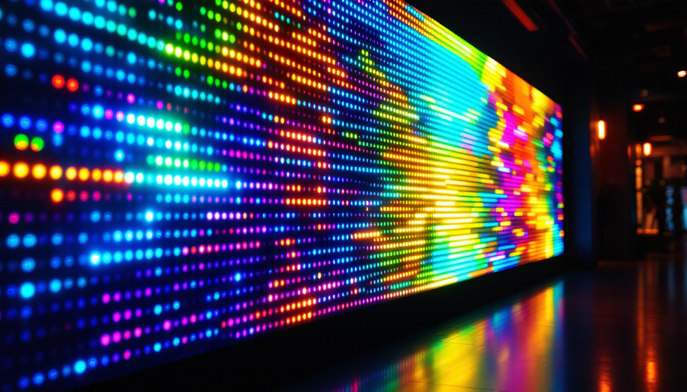 A photograph of a vibrant led display in a dimly lit environment