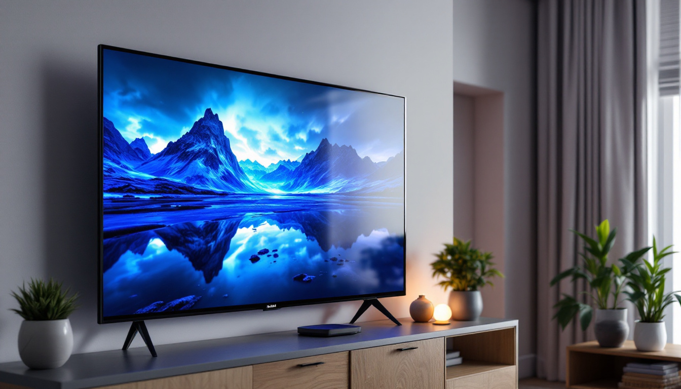 A photograph of a vibrant led tv displaying a high-contrast image