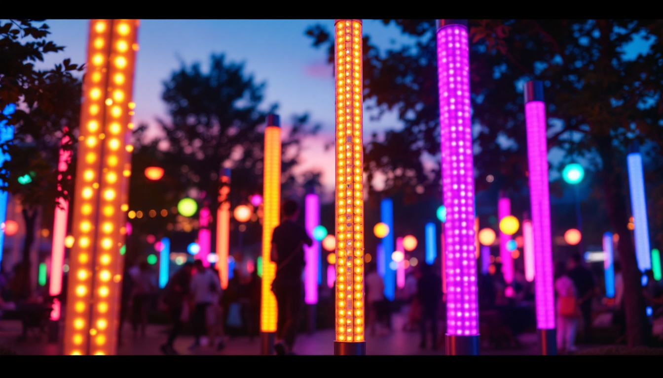 A photograph of capture a photograph of vibrant outdoor led light tubes illuminating a public space at dusk