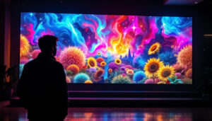 A photograph of a large led display screen showcasing vibrant visuals
