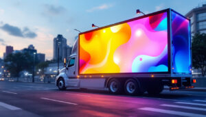 A photograph of a vibrant used billboard truck parked in an urban setting