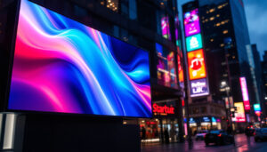 A photograph of a vibrant led display in an urban setting at dusk