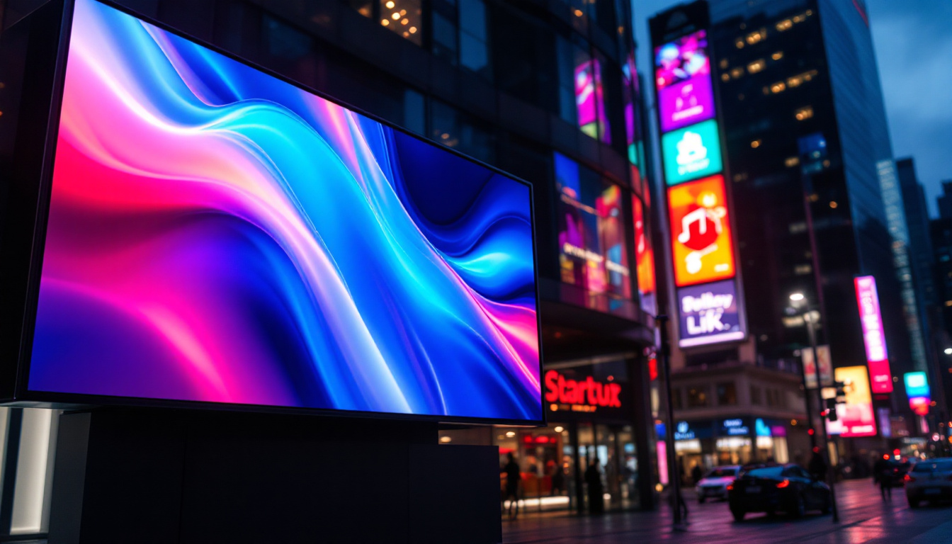 A photograph of a vibrant led display in an urban setting at dusk