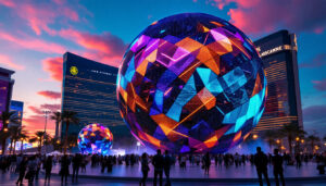 A photograph of capture a photograph of the sphere in las vegas during the evening