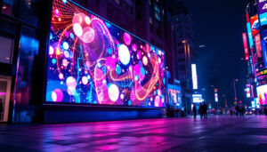 A photograph of a vibrant led display in an urban setting at night