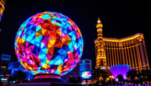 A photograph of capture a photograph of the vibrant led display on the iconic ball in las vegas