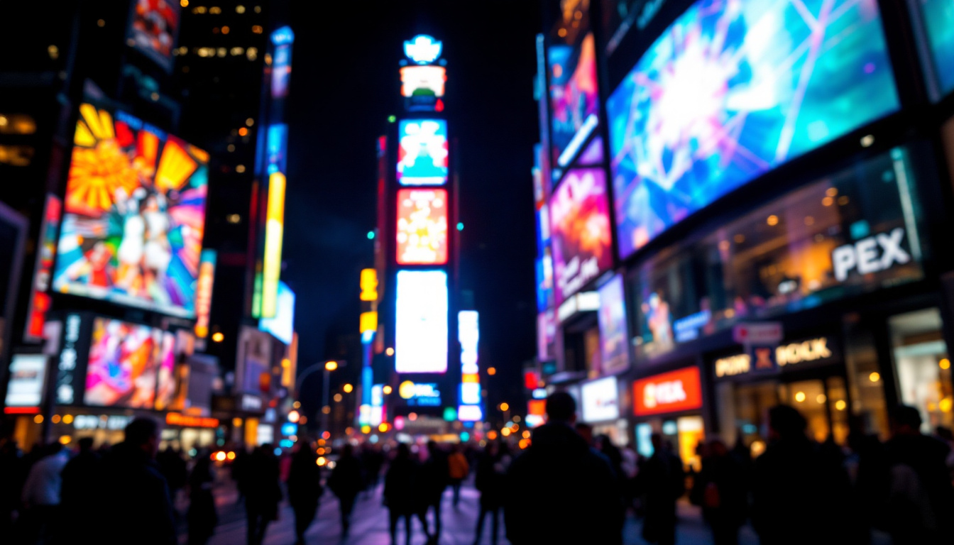 A photograph of a vibrant led display in a bustling urban setting at night