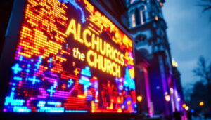 A photograph of capture a photograph of a vibrant led display outside a church in beaverton