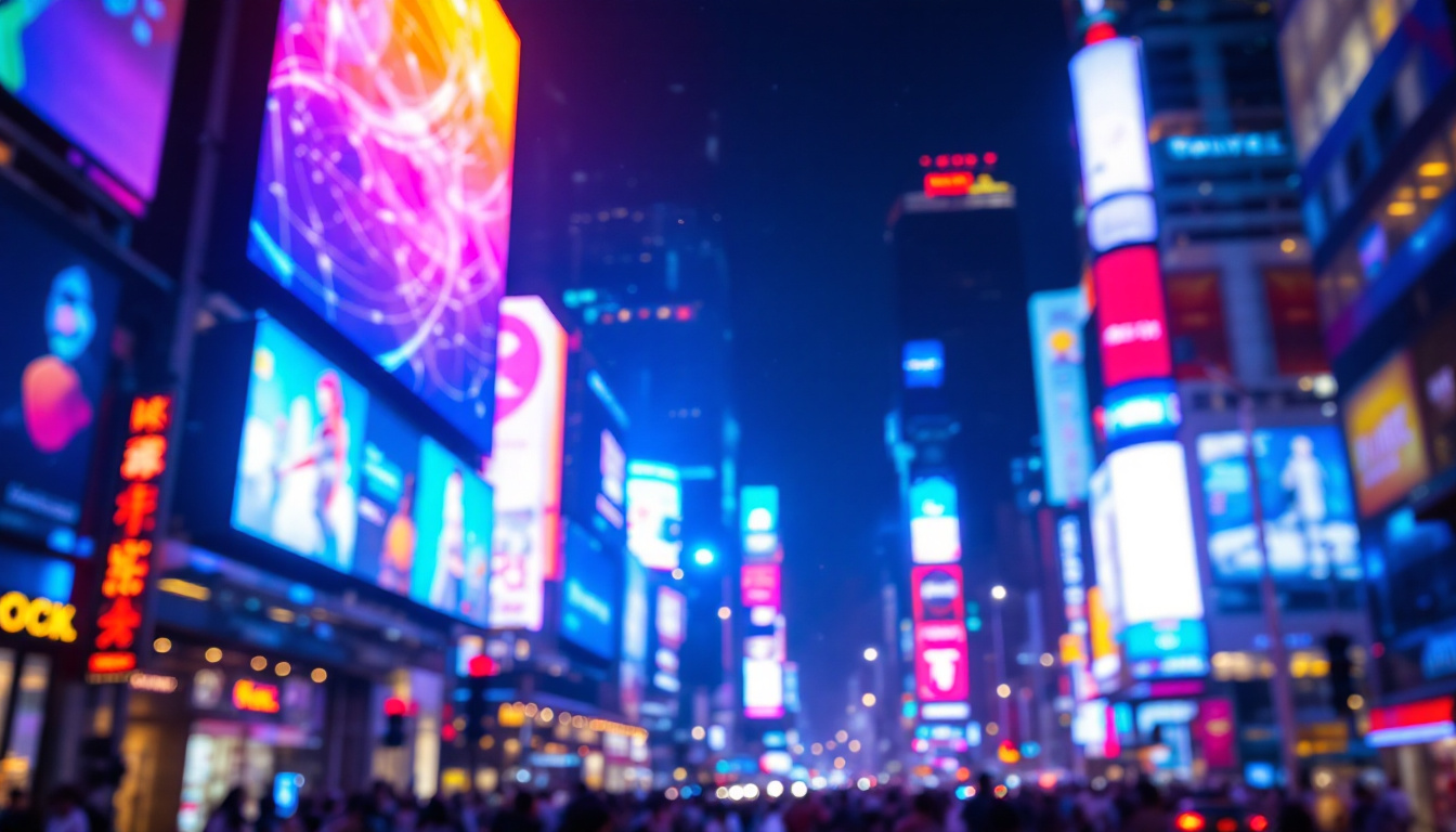 A photograph of a vibrant led display in a bustling urban environment at night