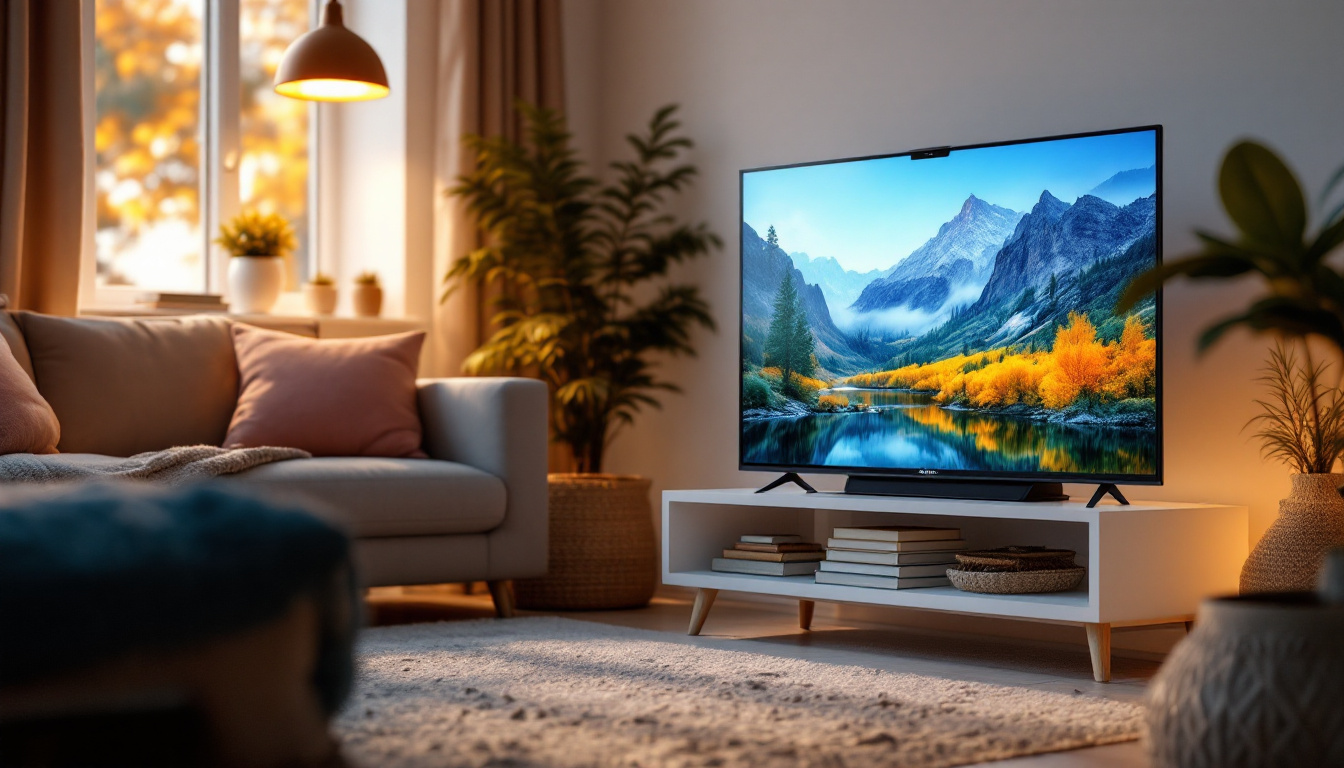 A photograph of a sleek portable led tv in a cozy living room setting