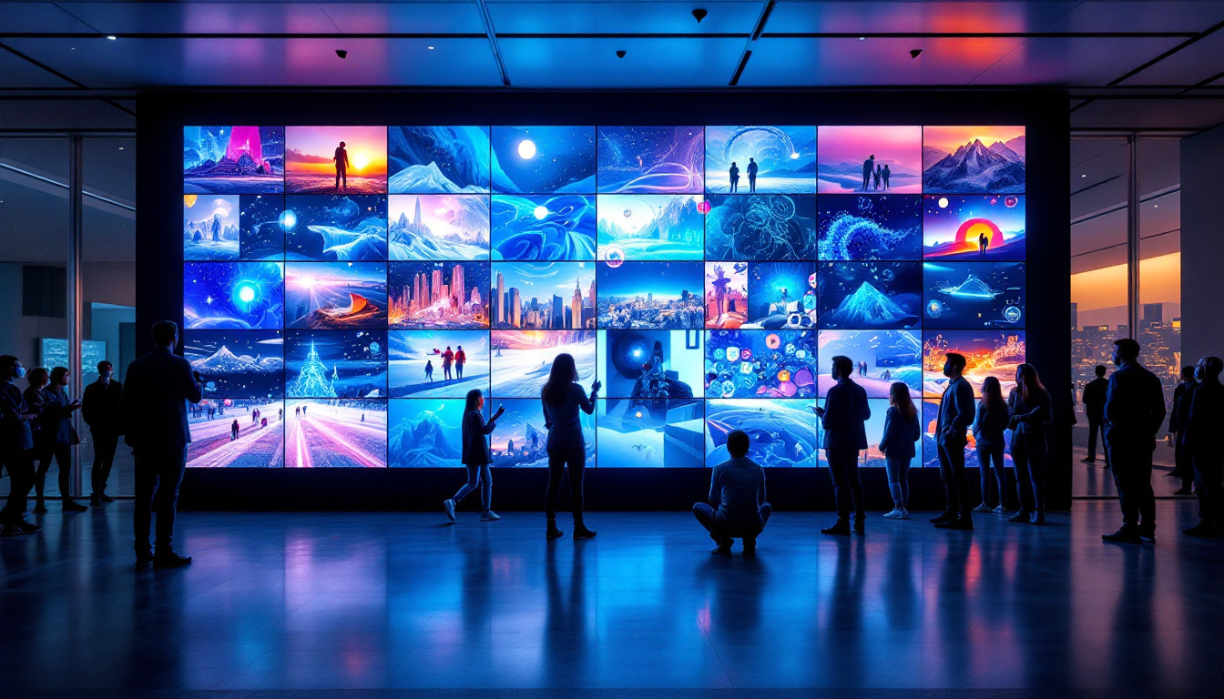 A photograph of capture a photograph of a vibrant interactive video wall in a modern setting
