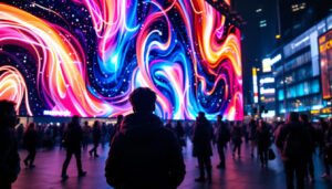 A photograph of a vibrant led display in a bustling urban environment at night